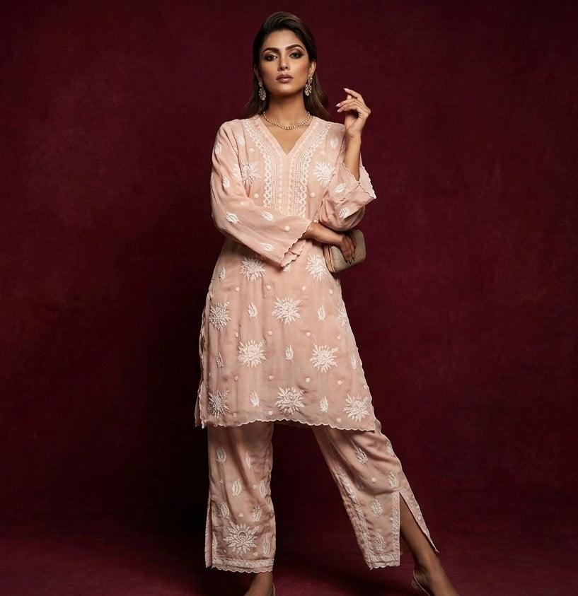 Crepe Arca Designer Peach Chikankari Co-ord Set