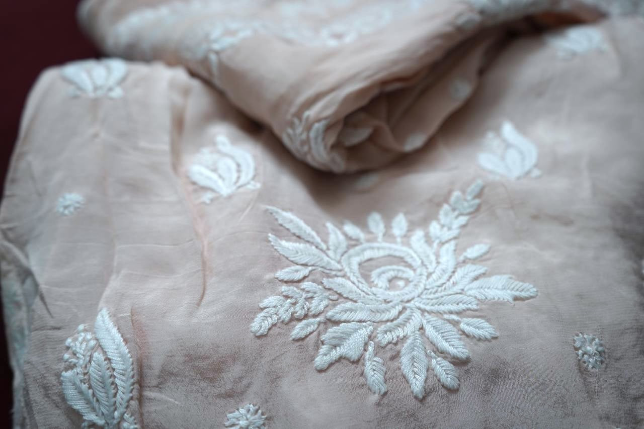 Crepe Arca Designer Peach Chikankari Co-ord Set