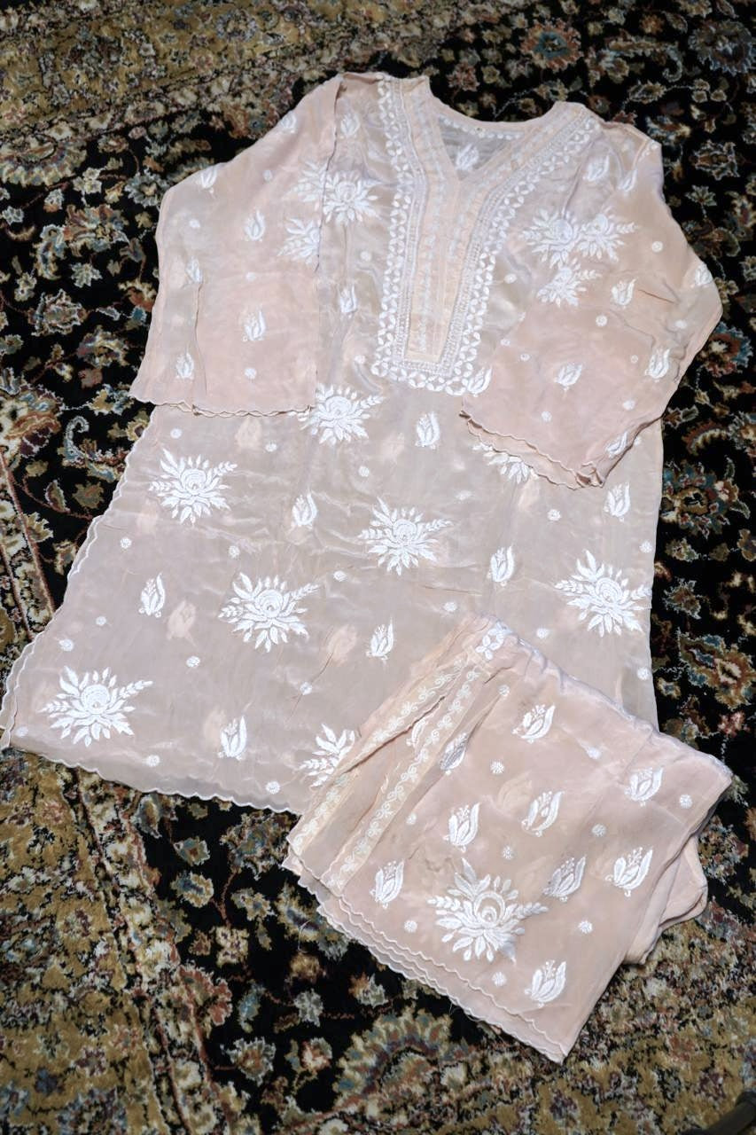 Crepe Arca Designer Peach Chikankari Co-ord Set
