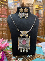 Two-Tone Long Necklace Set with Emerald Stone