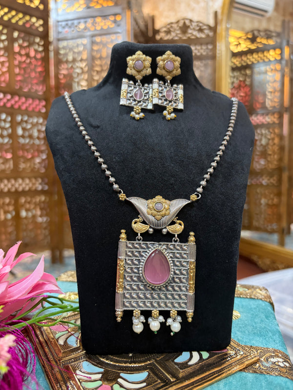 Two-Tone Long Necklace Set with Emerald Stone