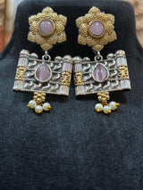 Two-Tone Long Necklace Set with Emerald Stone
