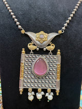 Two-Tone Long Necklace Set with Emerald Stone