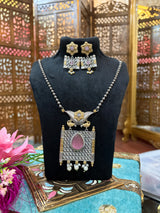 Two-Tone Long Necklace Set with Emerald Stone