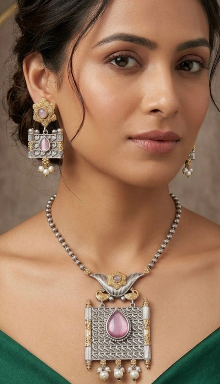 Two-Tone Long Necklace Set with Emerald Stone