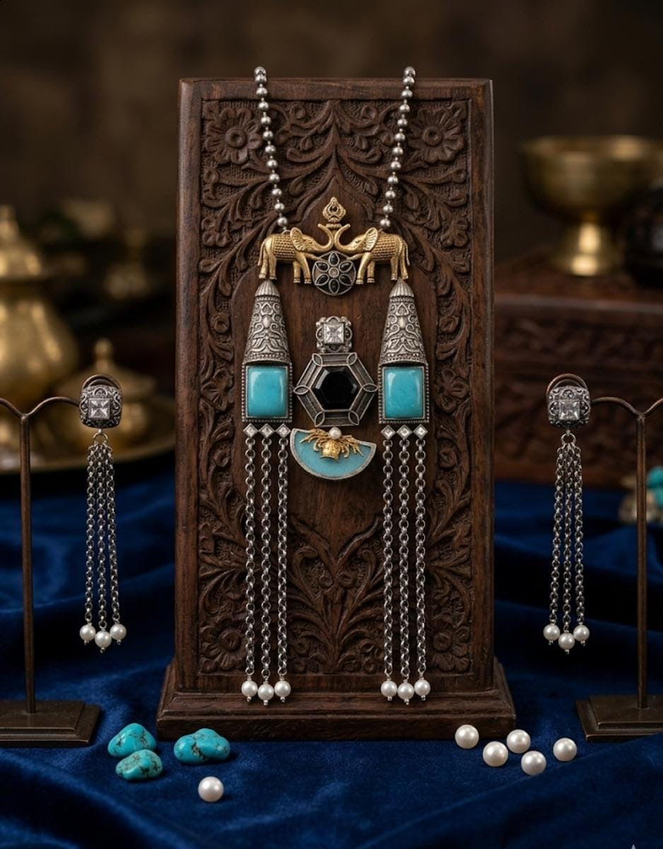 Kashmiri Style Turquoise Tribal Necklace Set in Fine Brass | Heritage Statement Jewellery