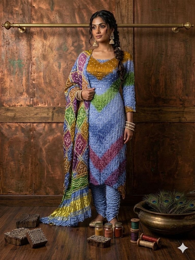 Modal Silk Kutchi Bandhej Unstitched Suit Set