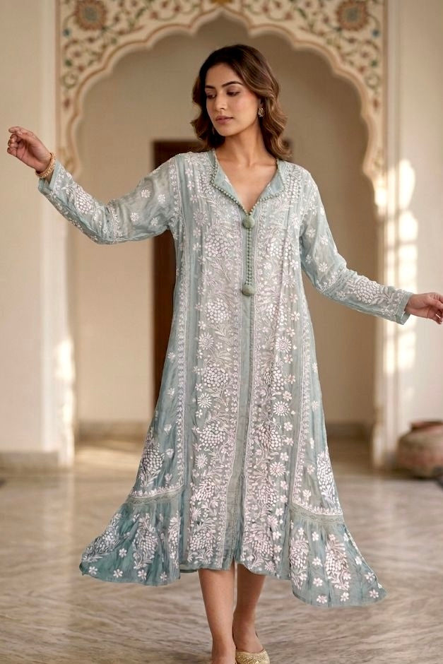 Muslin Designer Chikankari 3D Fine Thread Work Dress