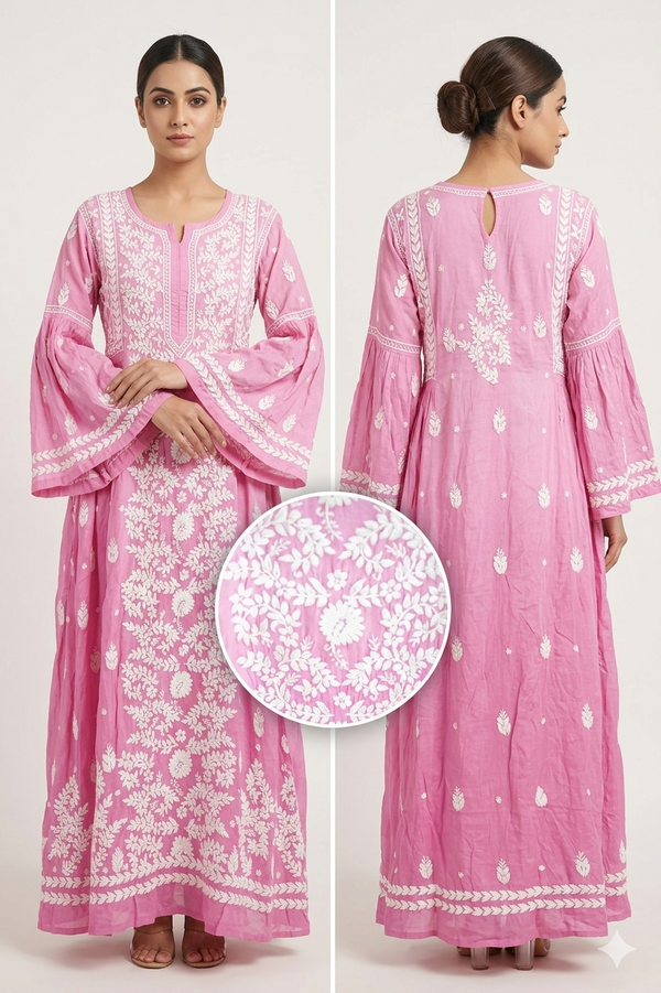 Muslin Designer Chikankari 3D Fine Thread Work Dress
