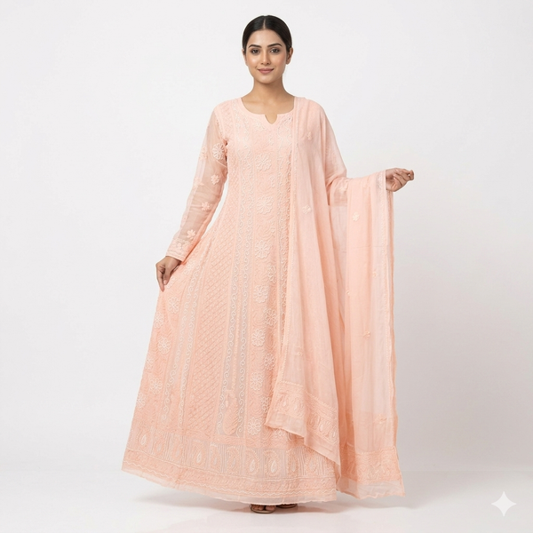Peach Georgette Anarkali with Kutdana Pearl Chikankari Work & Dupatta