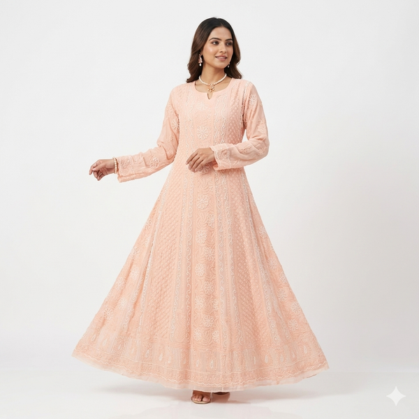 Peach Georgette Anarkali with Kutdana Pearl Chikankari Work & Dupatta