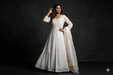 White Mul Chanderi Chikankari Anarkali Set with Mukesh Work (Semi-Stitched) | Dupatta Included