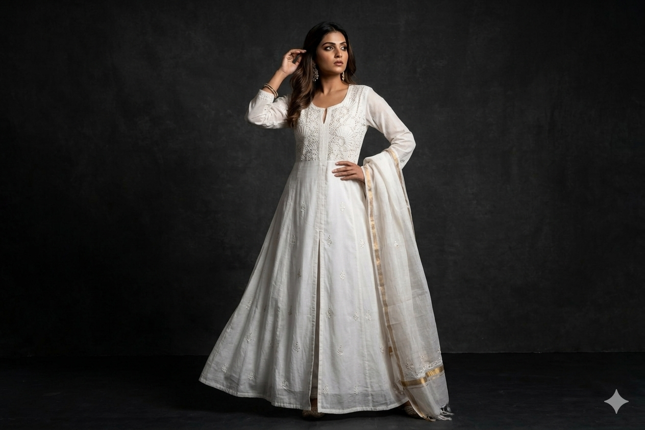 White Mul Chanderi Chikankari Anarkali Set with Mukesh Work (Semi-Stitched) | Dupatta Included